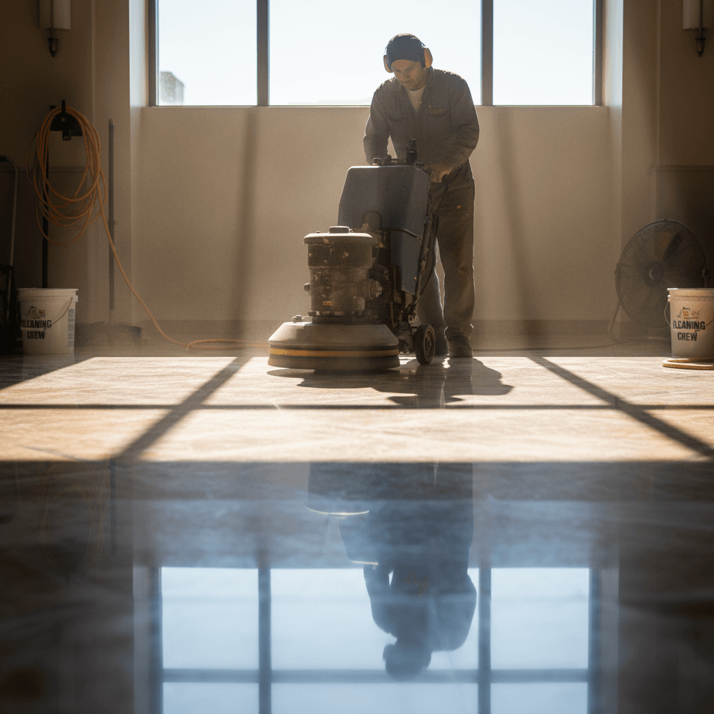 Expert floor polishing creating professional shine on marble and tile
