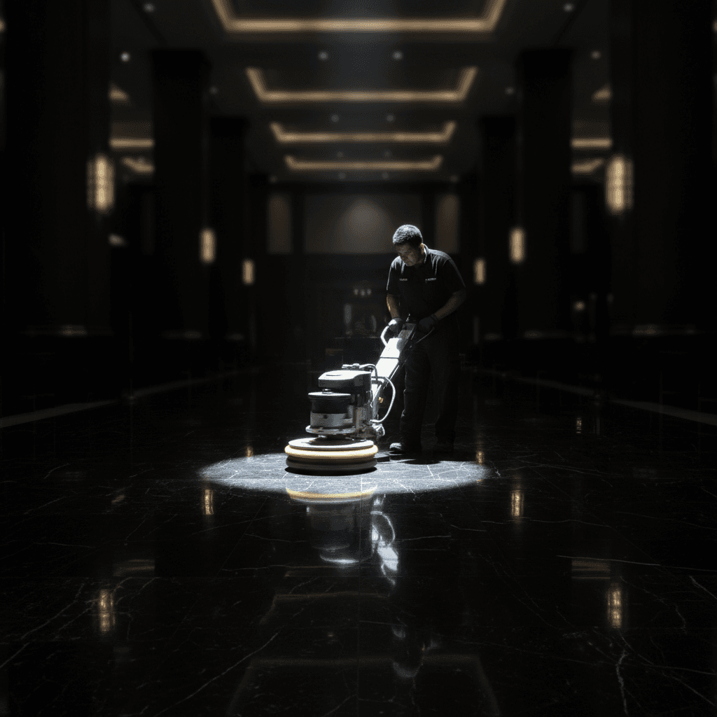 Floor polishing professional working on marble and tile surfaces