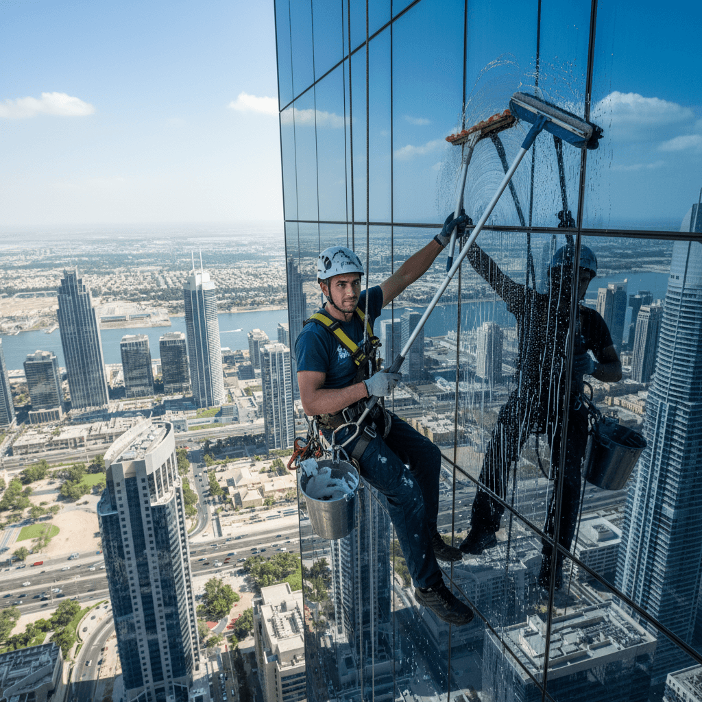 Professional high-rise window cleaning on tall building