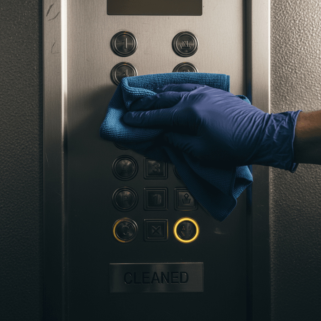Cleaner carefully maintaining elevator surfaces with attention to hygiene