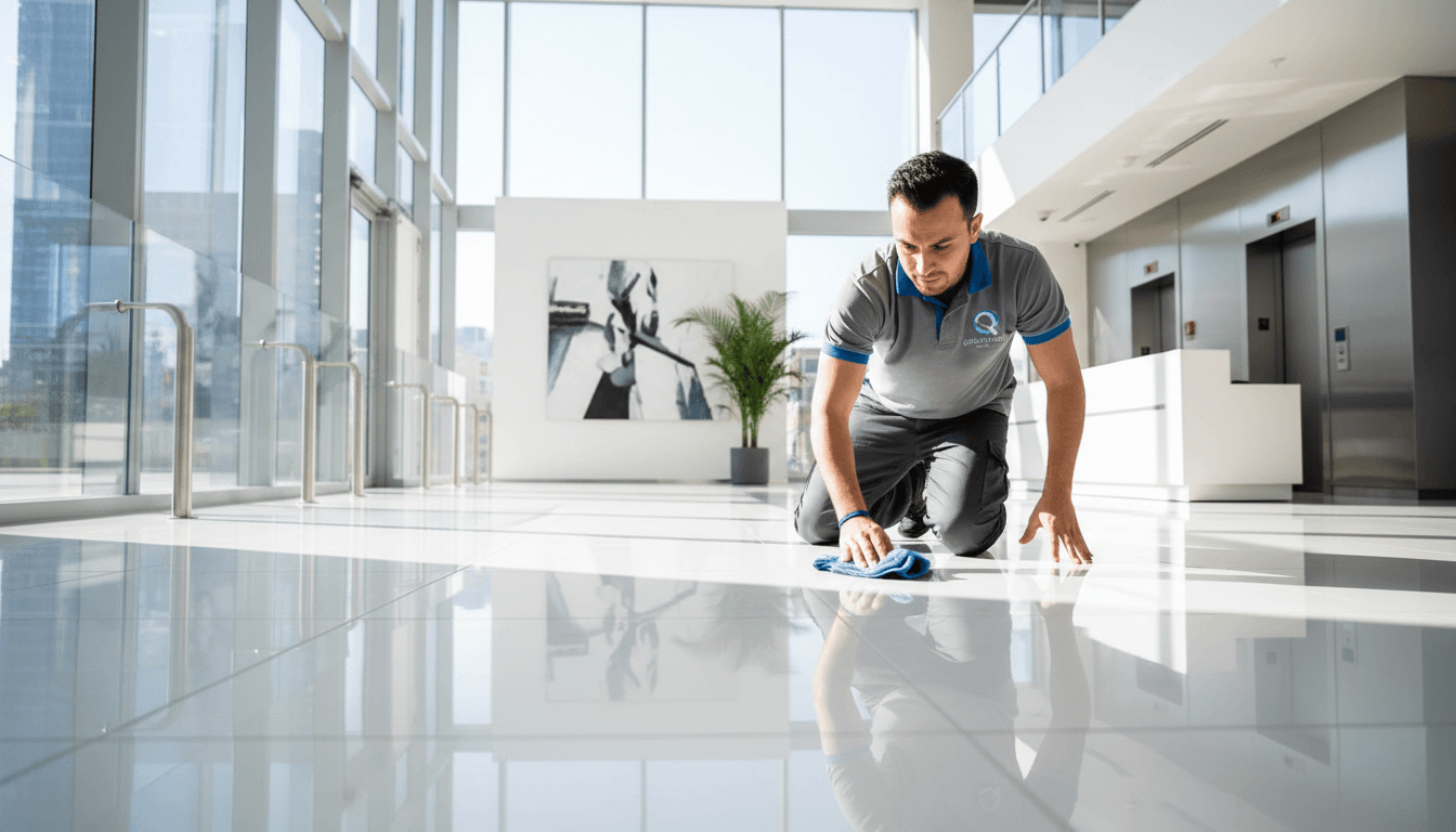 Professional worker polishing a floor in a modern Dubai building entrance with natural light