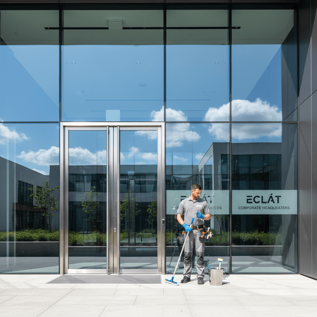 Professional cleaning of commercial building entrance