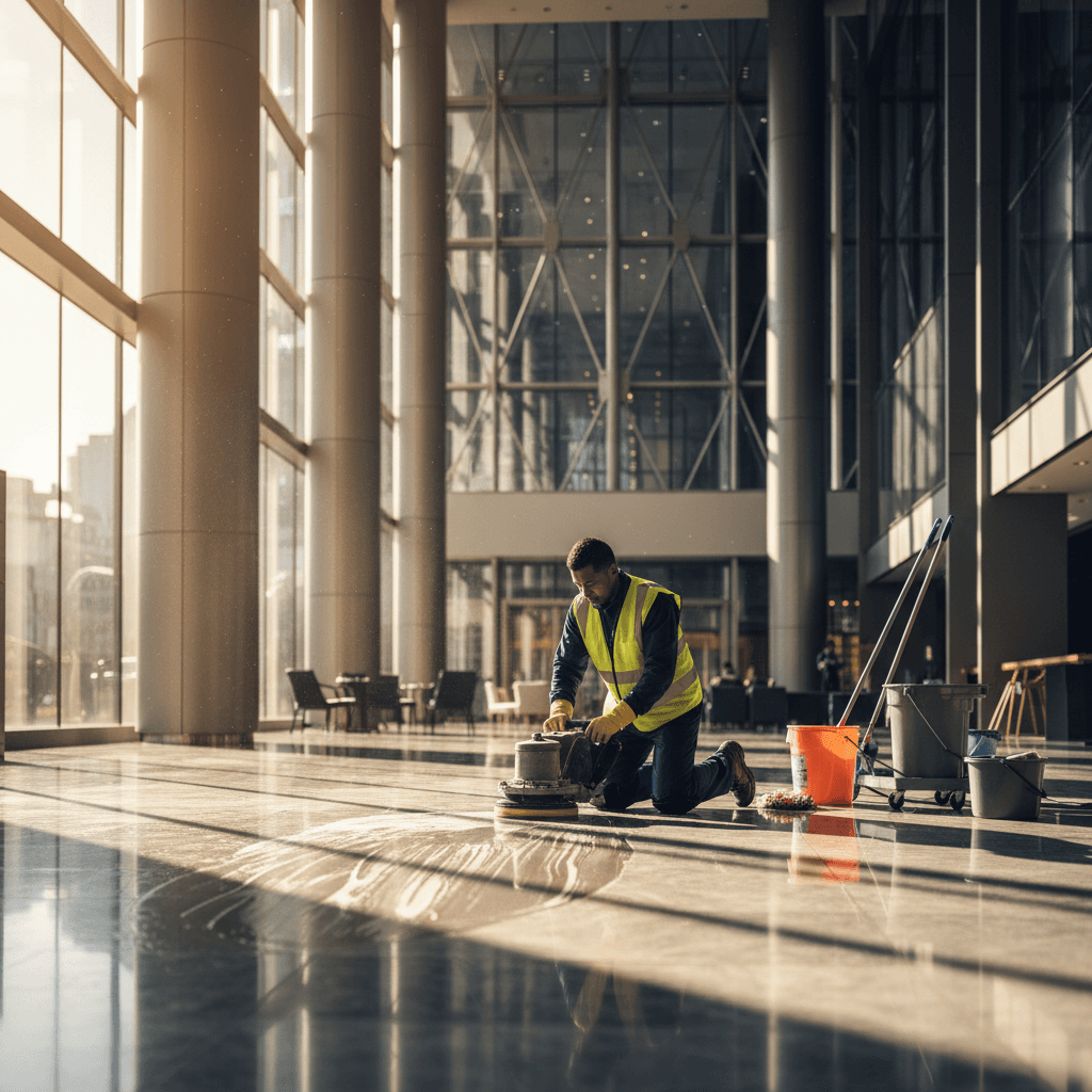 Professional building cleaner maintaining entrance and lobby areas