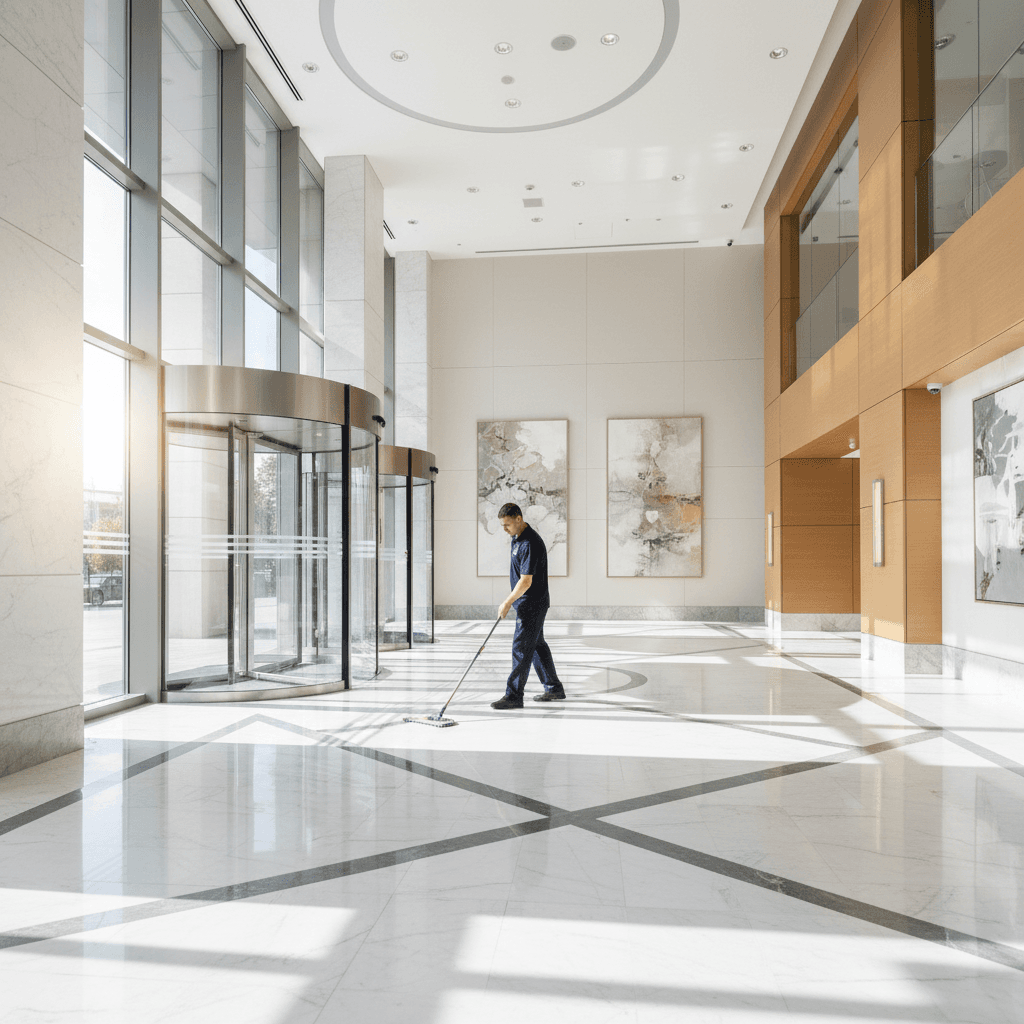 Professional cleaner maintaining a modern building lobby entrance with polished floors