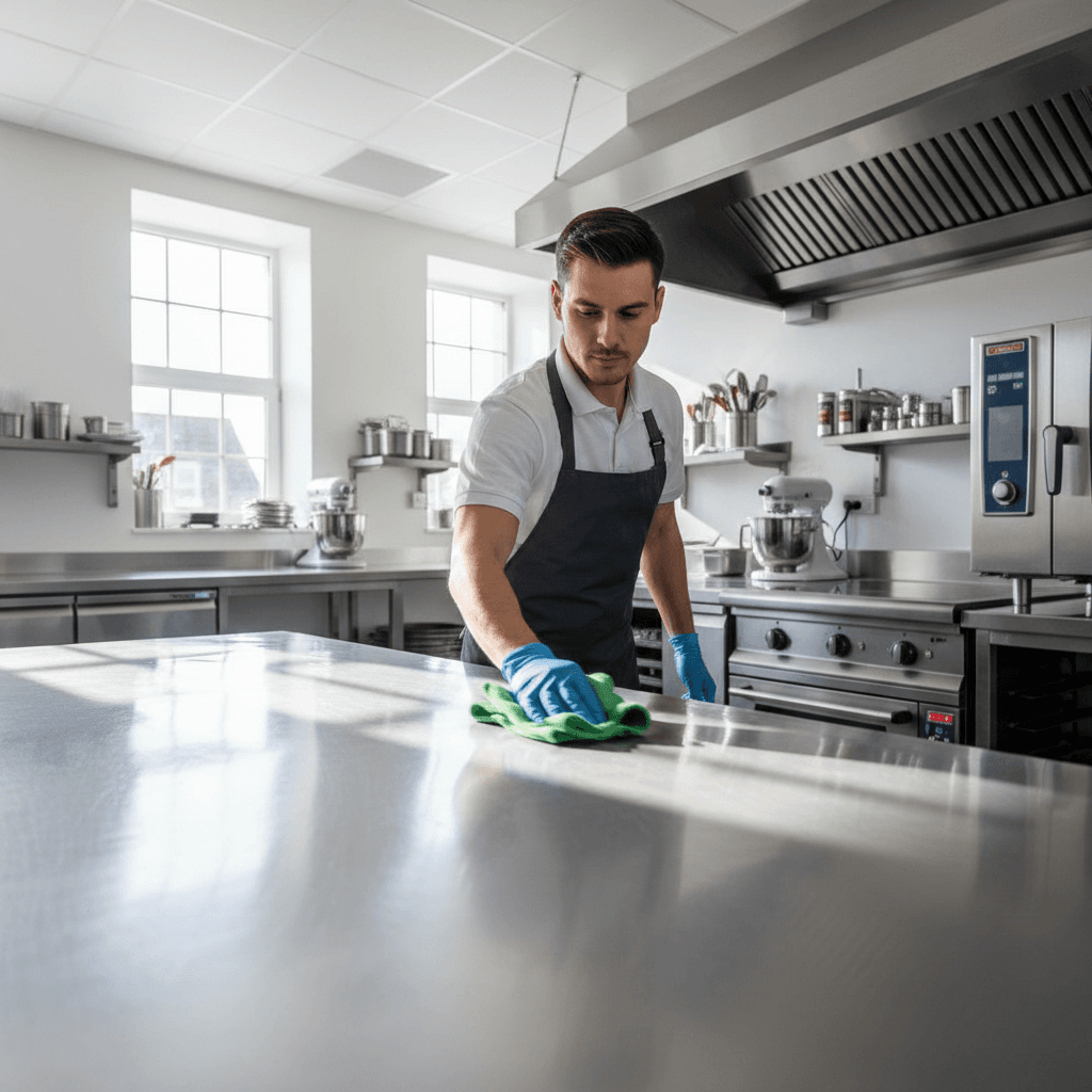 Professional kitchen cleaning service maintaining sanitized commercial food preparation areas
