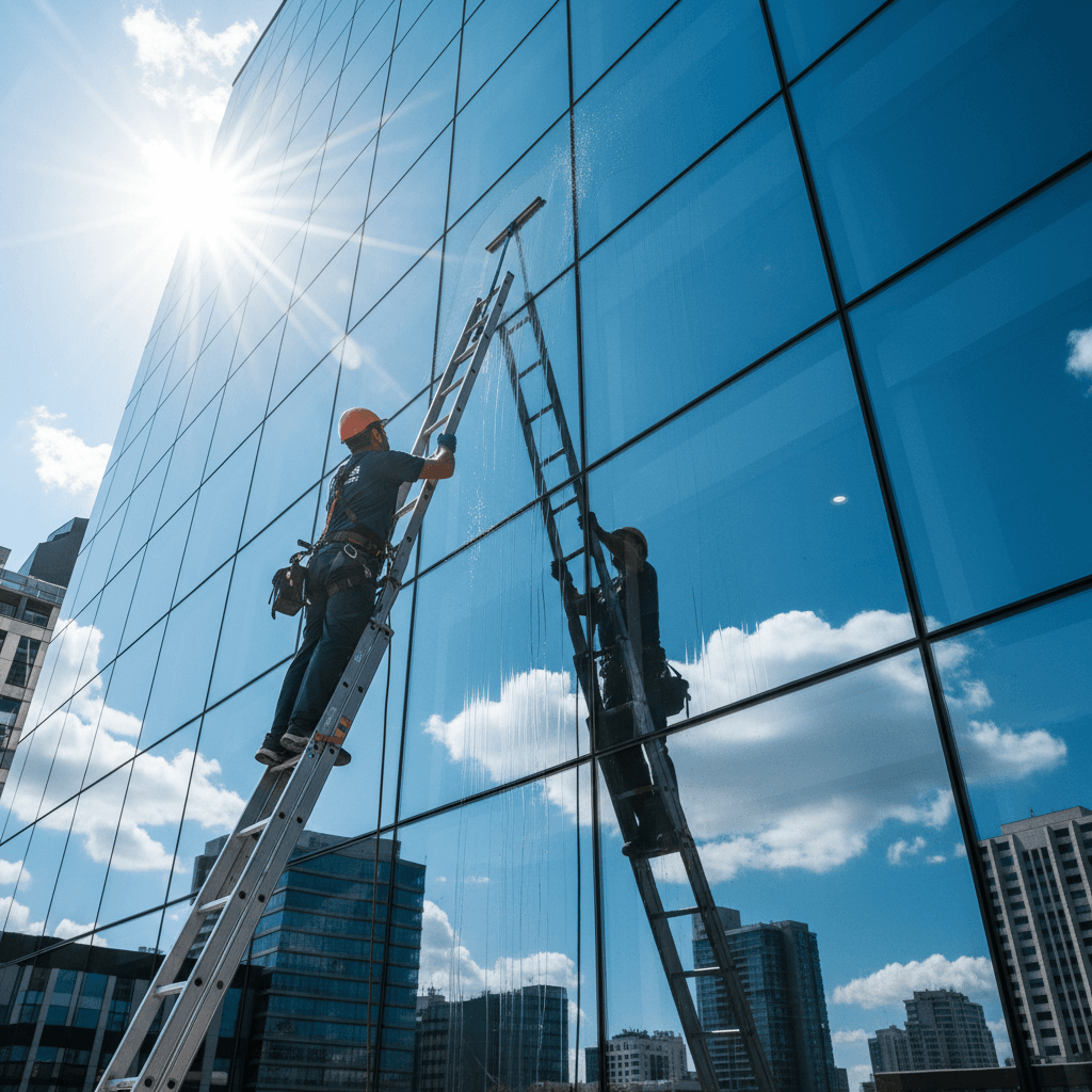 Professional glass cleaner maintaining building windows and facades