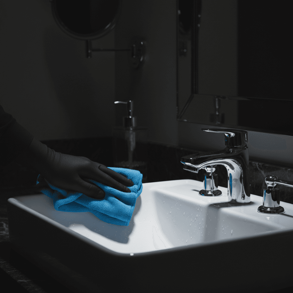 Detailed bathroom sanitation service maintaining pristine facilities and fixtures