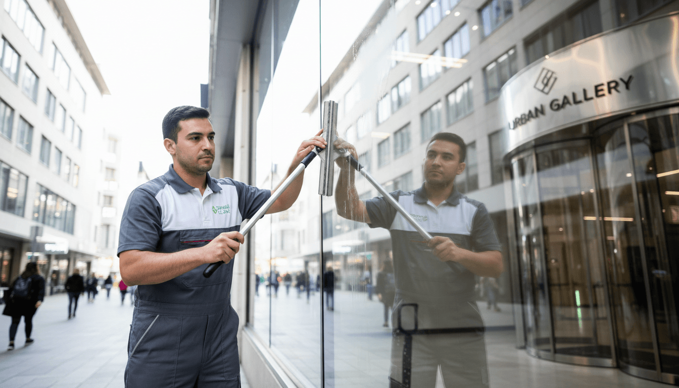 Professional cleaner polishing a commercial glass storefront with squeegee and modern equipment