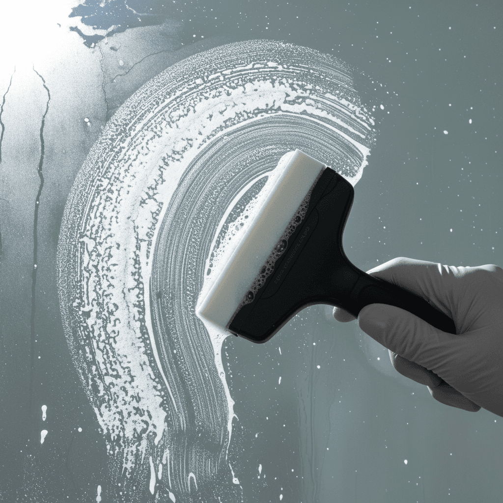 Close-up of hard water stain removal from glass