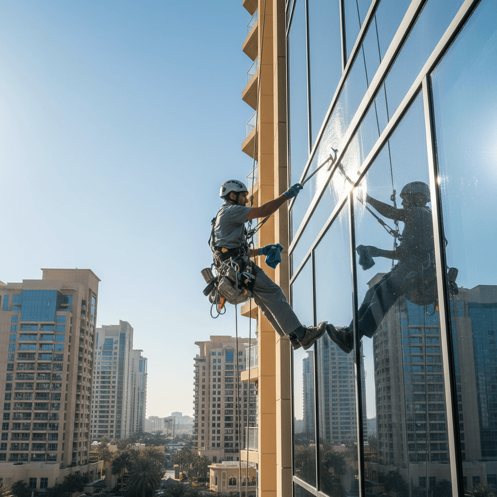 Professional window cleaning on residential building facade