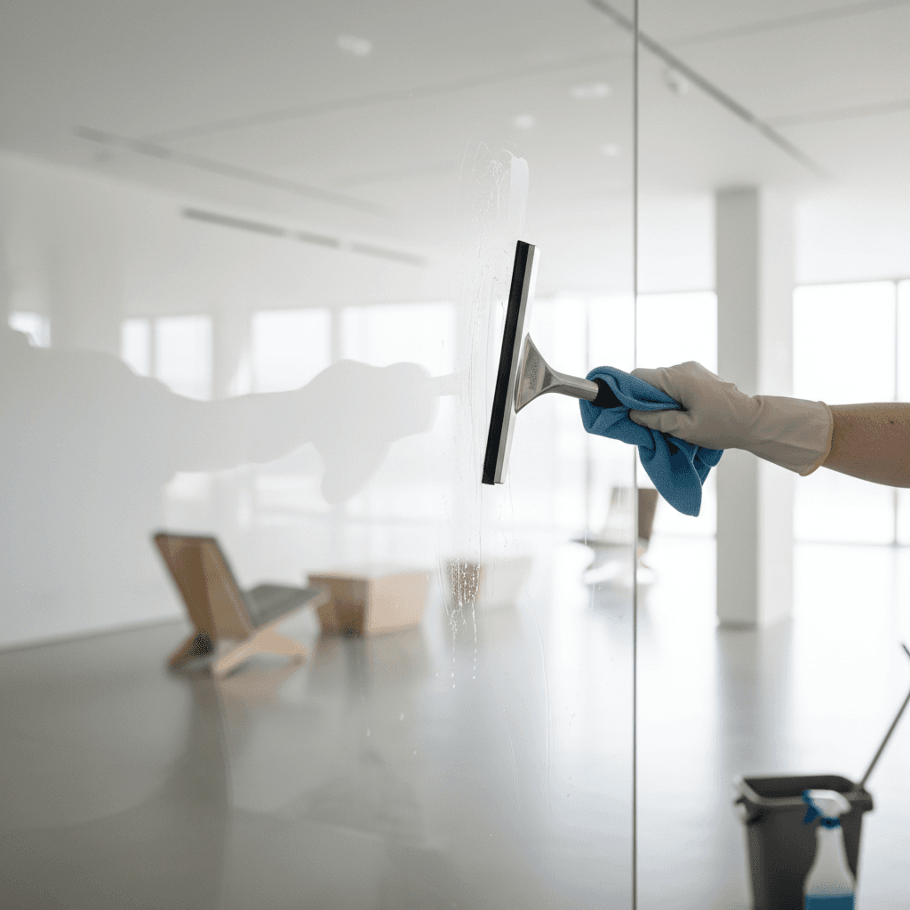 Professional cleaning of interior glass partition