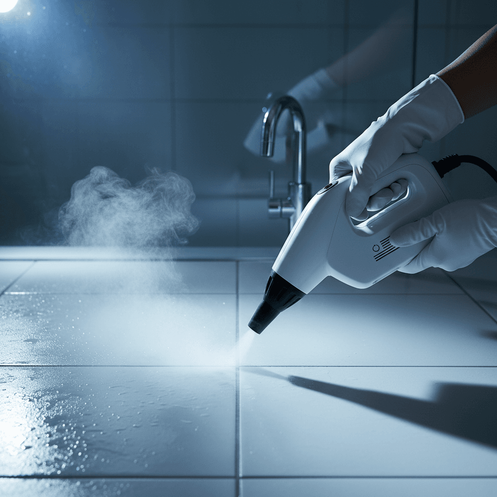 Bathroom tile and grout sanitization with steam cleaning technology